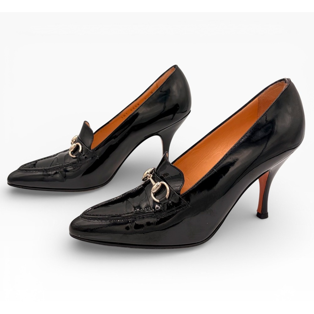 GUCCI Patent Leather Horsebit Loafer Pump Black Heels Size 7B Classic Luxury‎